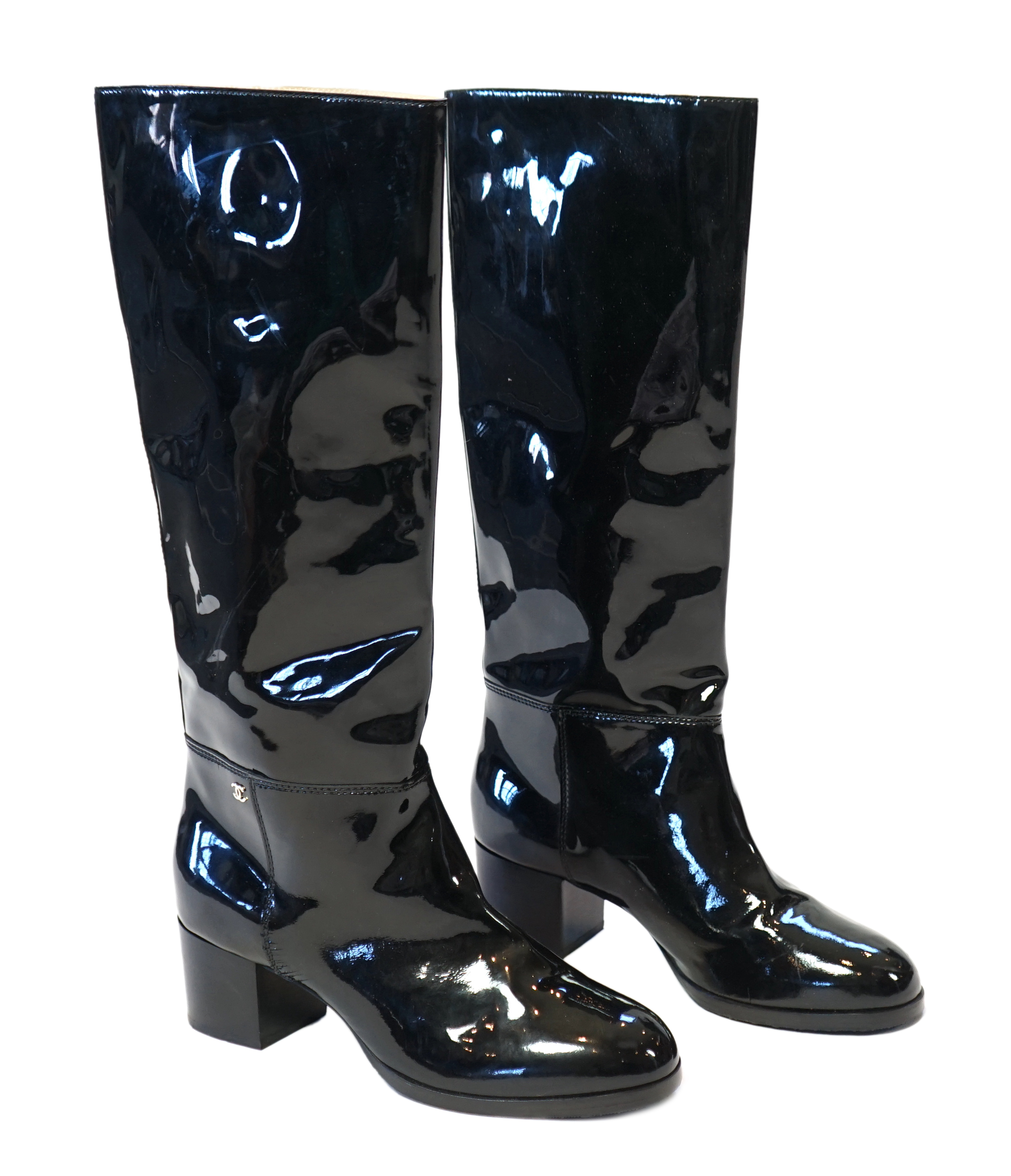 A pair of Chanel lady's black patent knee high mid heel rain boots, size EU 40.5